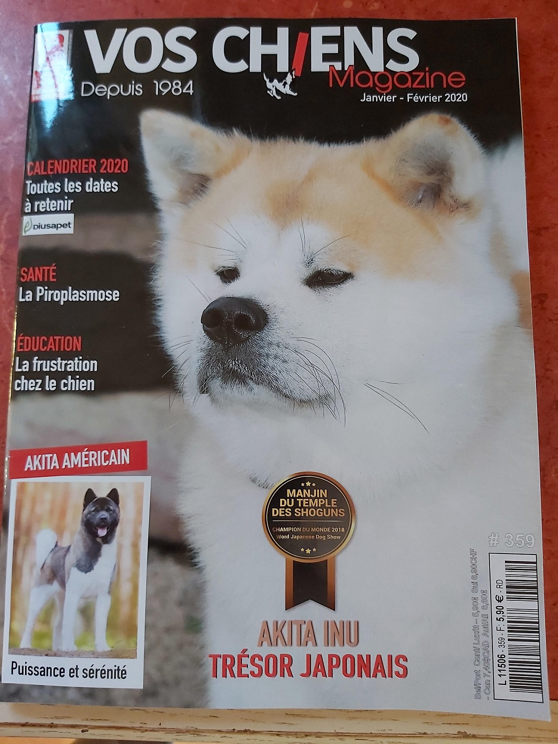Manjin, de notre élevage Akita Inu, a fait la couverture de Vos Chiens magazine en janvier 2020.